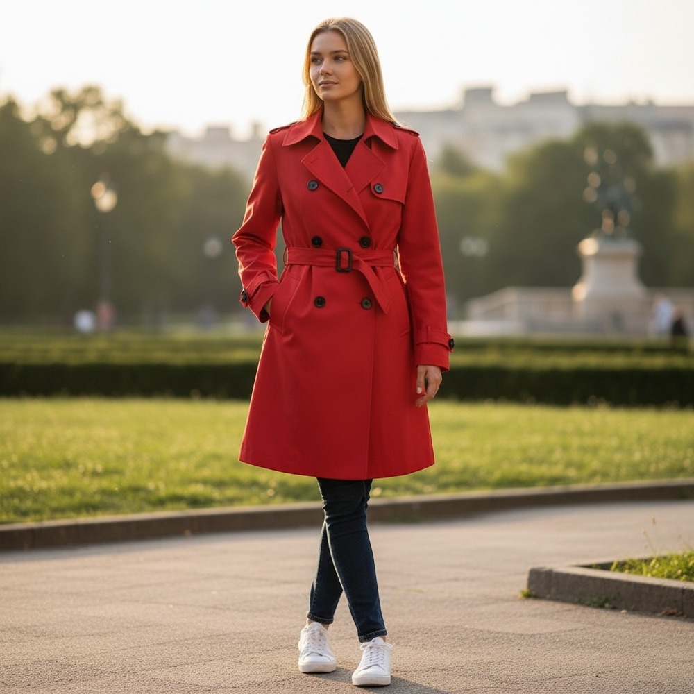Wantdo Trench Coat Womens Large Red Excellent Belted Double Breasted Jacket